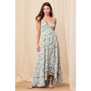 Lulus In Love Forever Sage Green Floral Lace-Up High-Low Maxi Dress Size Small